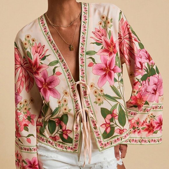 Boho Womens Floral Print Long Sleeve tie detailed Blouse Shirt - Picture 1 of 5